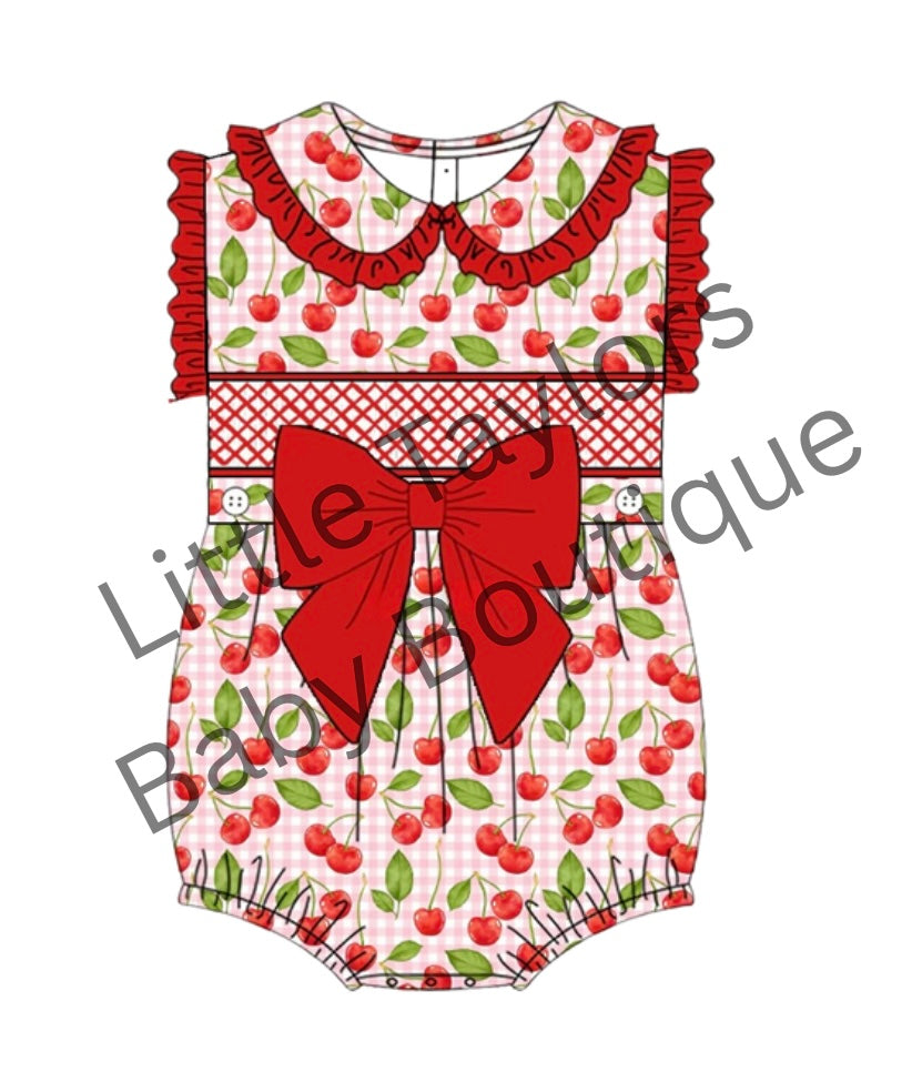 Cherry smocked romper - in stock