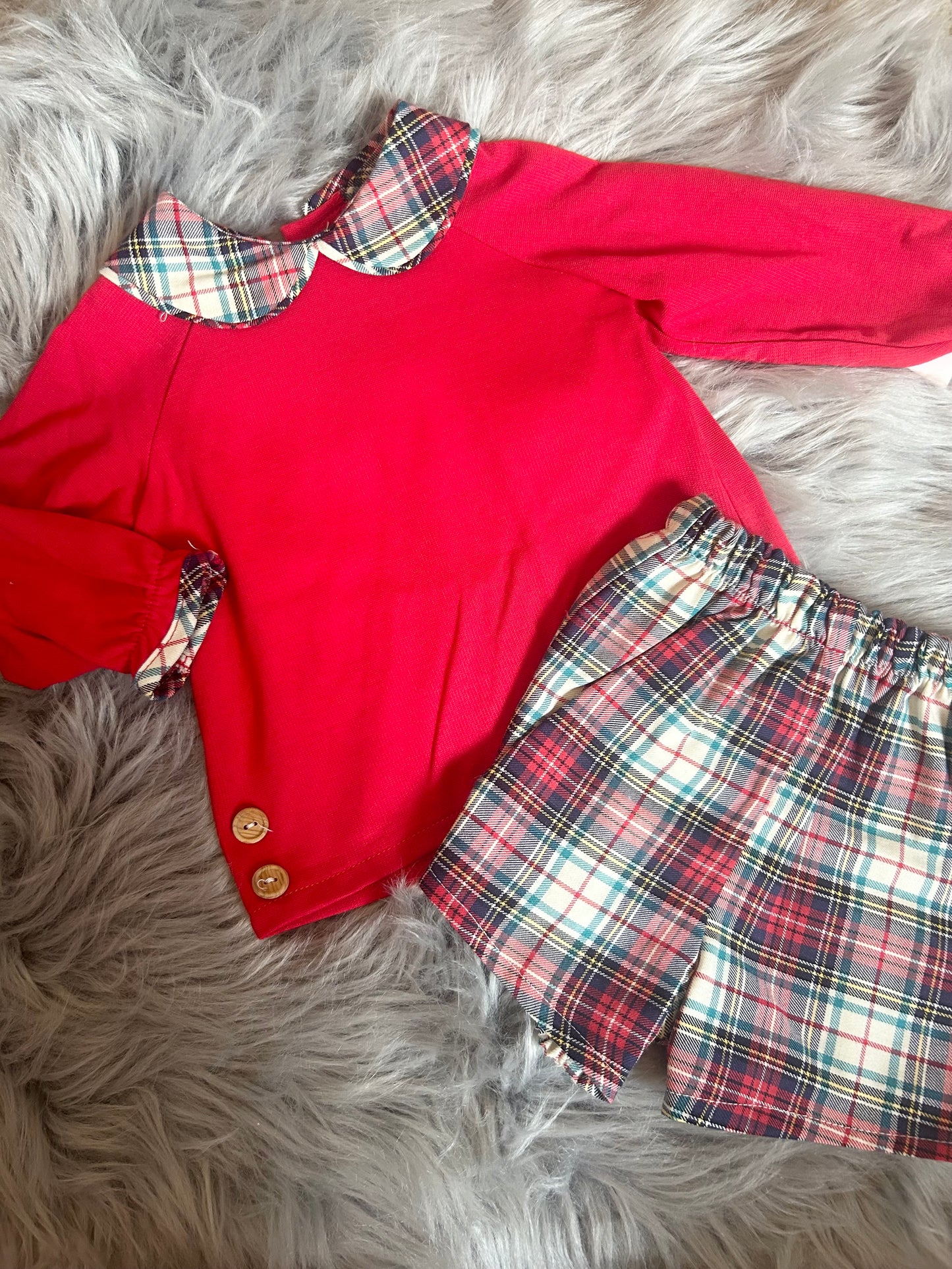 Red top & tartan shorts
