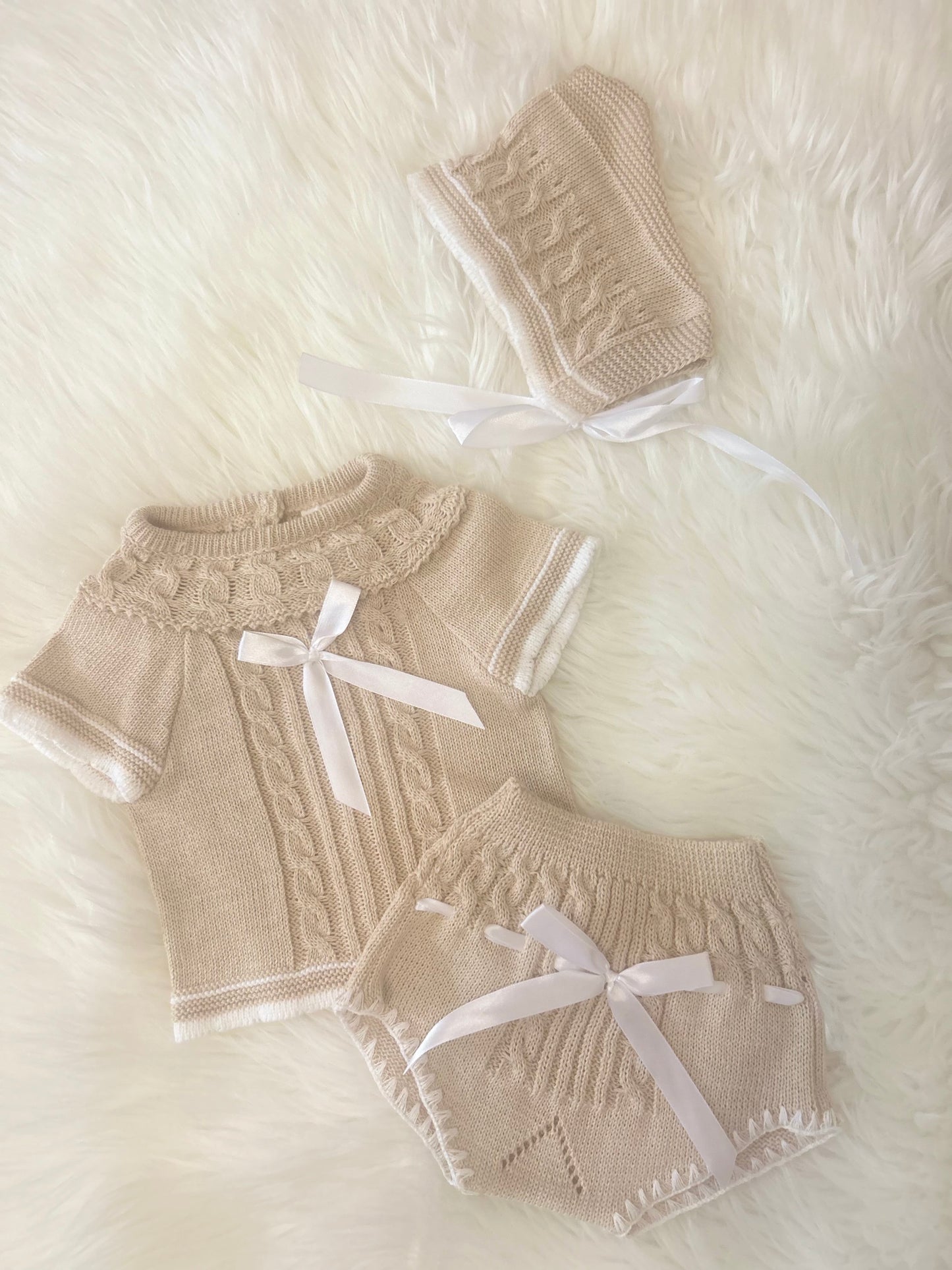 Beige bow knit 3 piece set