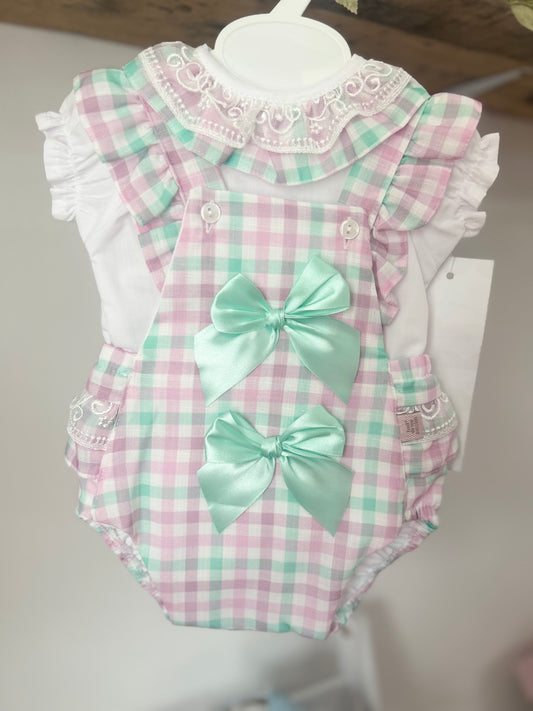Checkered mint bow romper